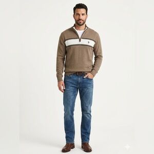 U.S. Polo Assn. Brown and Cream Striped Quarter-Zip Sweater